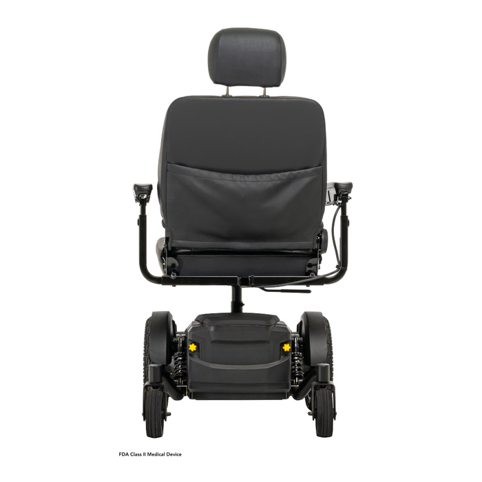 A black Pride Mobility Jazzy® EVO 614 HD Bariatric Powerchair with ATX Suspension is shown from the back, highlighting the seat, headrest, and heavy-duty rear wheels against a plain white background.