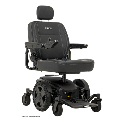 The Pride Mobility Jazzy® EVO 614 HD Bariatric Powerchair with ATX Suspension is a black heavy-duty wheelchair featuring a padded seat, backrest, headrest, armrests, large rear wheels, small front wheels, and right-arm joystick control.