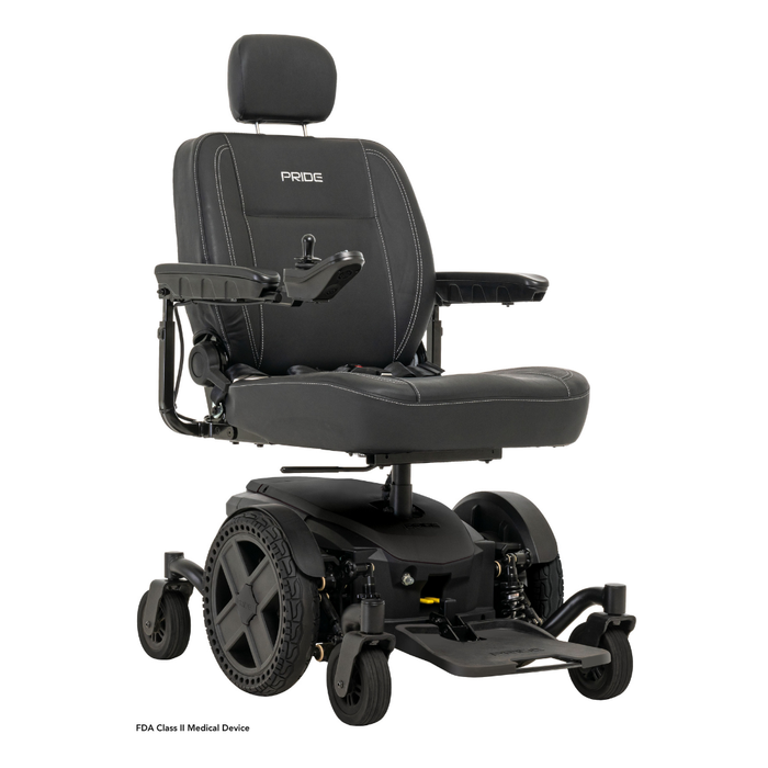 The Pride Mobility Jazzy® EVO 614 HD Bariatric Powerchair with ATX Suspension is a black heavy-duty wheelchair featuring a padded seat, backrest, headrest, armrests, large rear wheels, small front wheels, and right-arm joystick control.