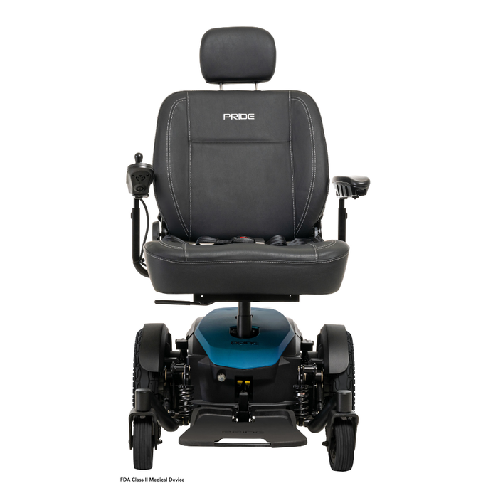 The Pride Mobility Jazzy® EVO 614 HD Bariatric Powerchair with ATX Suspension features a black padded seat, headrest, armrests (left with joystick), robust wheels, and blue base accents for heavy-duty mobility.