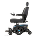 A side view of the black and blue Pride Mobility Jazzy® EVO 614 HD Bariatric Powerchair with ATX Suspension, featuring a padded seat, backrest, headrest, joystick-controlled adjustable armrests, large rear wheels, and heavy-duty mobility support.