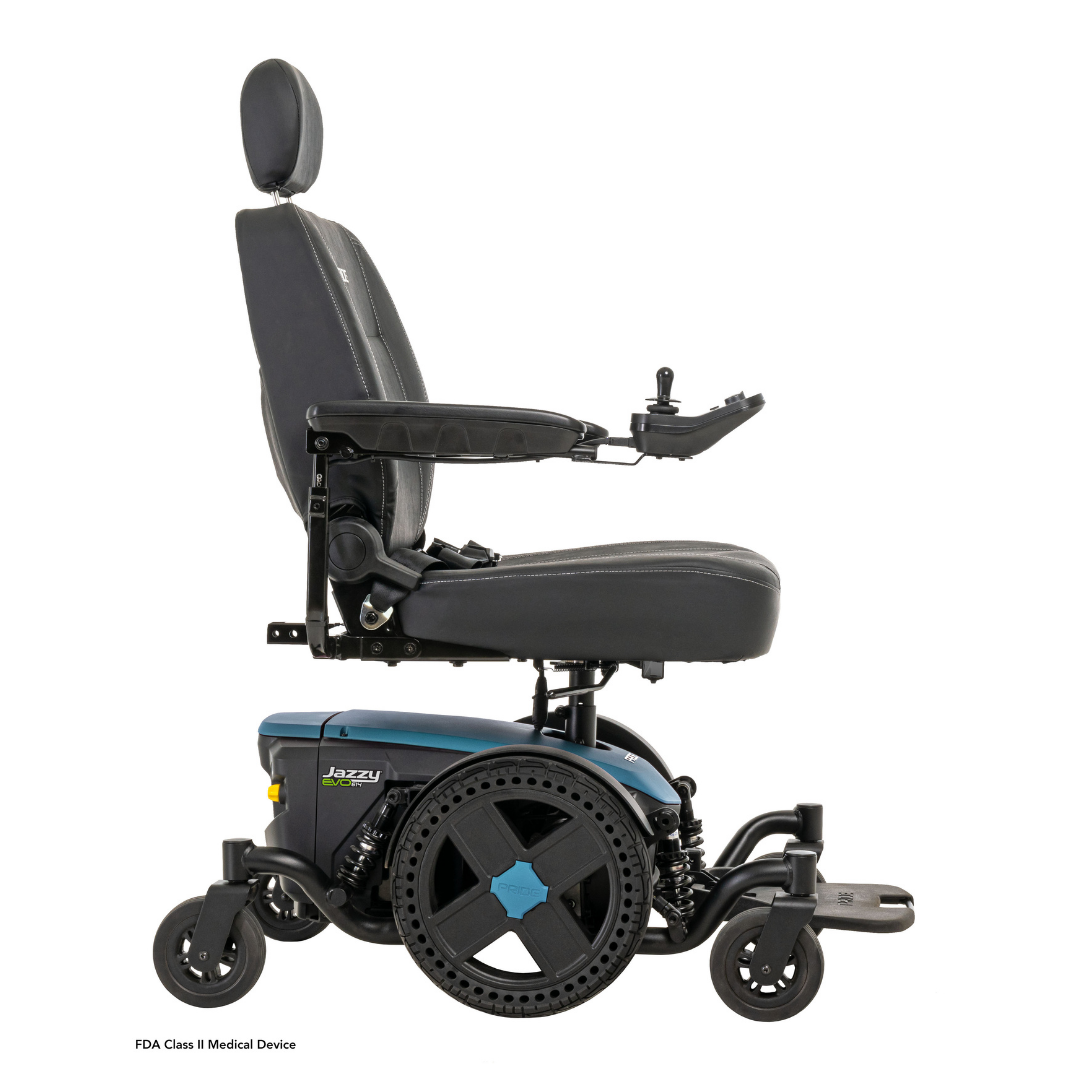 A side view of the Pride Mobility Jazzy® EVO 614 HD Bariatric Powerchair with ATX Suspension, shown in black and blue, featuring a high backrest, headrest, armrests, joystick control, extended footrest, and four wheels for heavy-duty mobility.