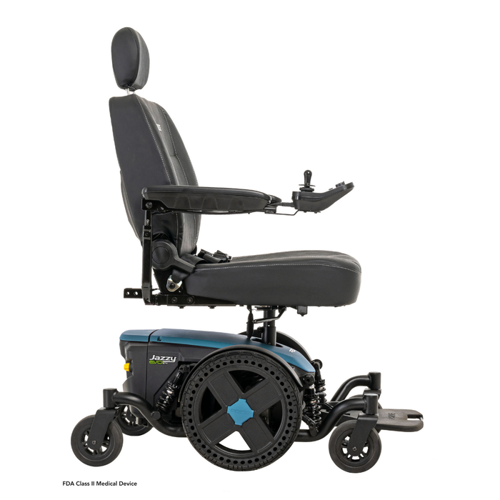 A side view of the Pride Mobility Jazzy® EVO 614 HD Bariatric Powerchair with ATX Suspension, shown in black and blue, featuring a high backrest, headrest, armrests, joystick control, extended footrest, and four wheels for heavy-duty mobility.