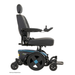A side view of the Pride Mobility Jazzy® EVO 614 HD Bariatric Powerchair with ATX Suspension, shown in black and blue, featuring a high backrest, headrest, armrests, joystick control, extended footrest, and four wheels for heavy-duty mobility.