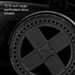 Close-up of a large, black perforated drive wheel labeled PRIDE, featured on the Pride Mobility Jazzy® EVO 614 HD Bariatric Powerchair with ATX Suspension. Text highlights 13.75-inch large perforated drive wheels for your power wheelchair.