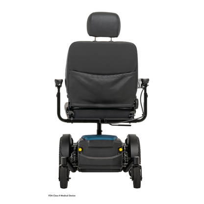 A rear view of the Pride Mobility Jazzy® EVO 614 HD Bariatric Powerchair with ATX Suspension, in black with armrests, headrest, and large wheels for heavy-duty mobility, set against a plain white background.