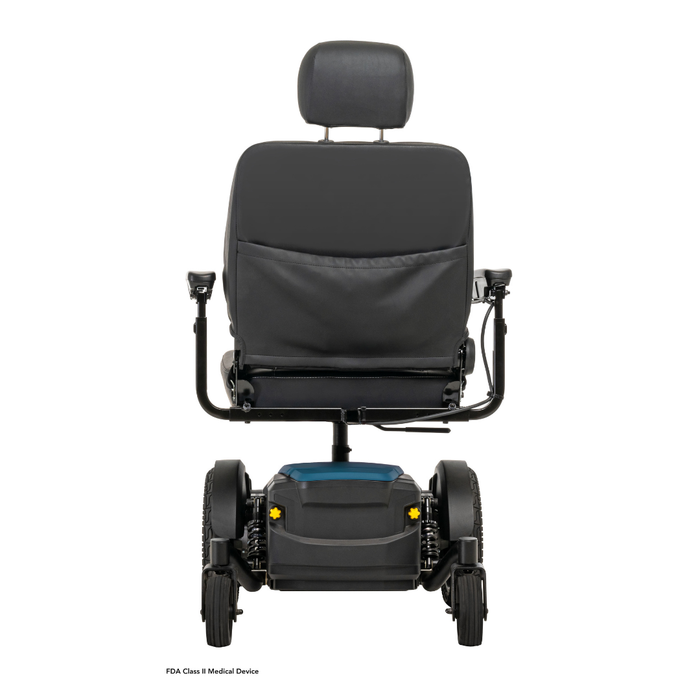 A rear view of the Pride Mobility Jazzy® EVO 614 HD Bariatric Powerchair with ATX Suspension, in black with armrests, headrest, and large wheels for heavy-duty mobility, set against a plain white background.