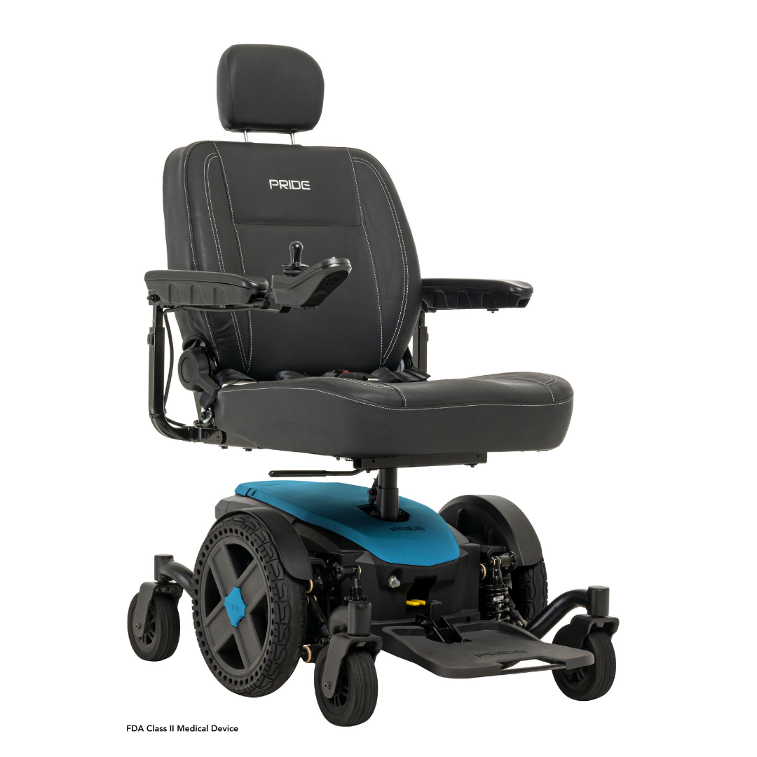 The Pride Mobility Jazzy® EVO 614 HD Bariatric Powerchair with ATX Suspension in black and blue has a padded seat, headrest, armrests, footplate, joystick controls on the armrest, large rear wheels, and small front wheels for heavy-duty mobility.