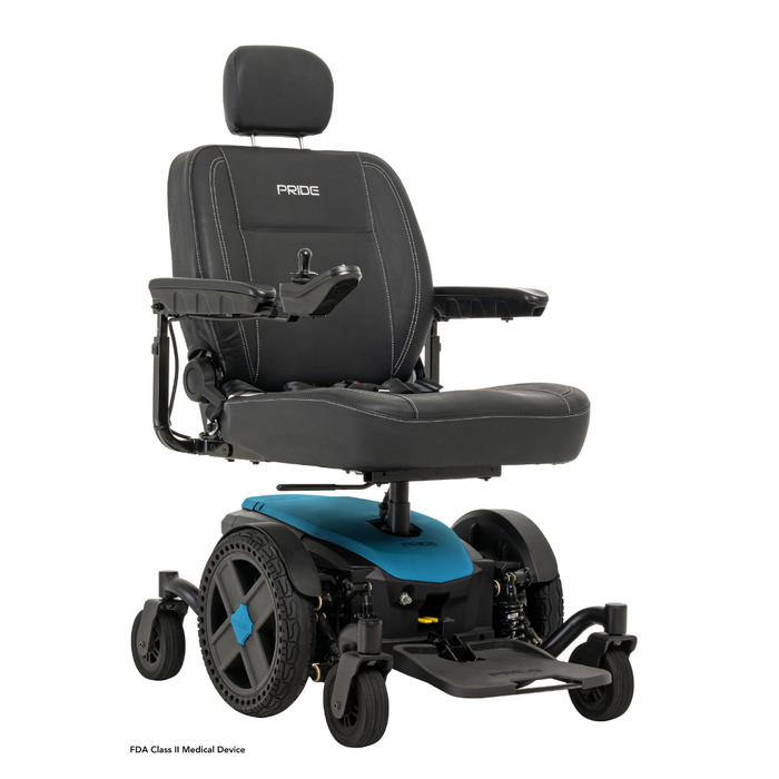 The Pride Mobility Jazzy® EVO 614 HD Bariatric Powerchair with ATX Suspension in black and blue has a padded seat, headrest, armrests, footplate, joystick controls on the armrest, large rear wheels, and small front wheels for heavy-duty mobility.