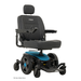 The Pride Mobility Jazzy® EVO 614 HD Bariatric Powerchair with ATX Suspension in black and blue has a padded seat, headrest, armrests, footplate, joystick controls on the armrest, large rear wheels, and small front wheels for heavy-duty mobility.