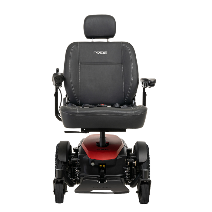 Front view of a black and red Pride Mobility Jazzy® EVO 614 HD Bariatric Powerchair with ATX Suspension, featuring a padded seat, adjustable armrests, left-side joystick control, footrest, and visible Pride branding on the seat back.