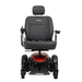 Front view of a black and red Pride Mobility Jazzy® EVO 614 HD Bariatric Powerchair with ATX Suspension, featuring a padded seat, adjustable armrests, left-side joystick control, footrest, and visible Pride branding on the seat back.