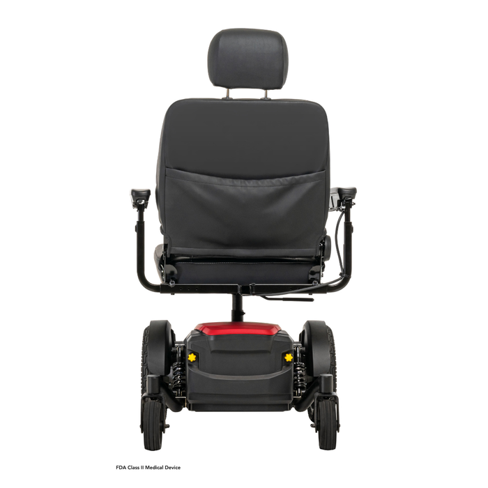 Rear view of the Pride Mobility Jazzy® EVO 614 HD Bariatric Powerchair with ATX Suspension, featuring a headrest, armrests, and large wheels, shown against a white background.