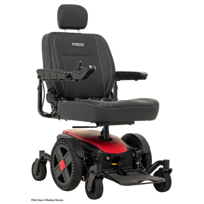 A black and red Pride Mobility Jazzy® EVO 614 HD Bariatric Powerchair with ATX Suspension, armrests, joystick control, padded seat, and headrest offers superior comfort and heavy-duty mobility assistance. The Pride logo appears on the seat back.