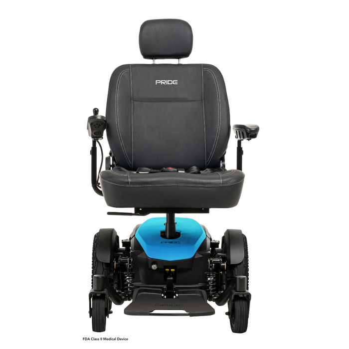 A black and blue Pride Mobility Jazzy® EVO 614 HD Bariatric Powerchair with ATX Suspension, featuring a cushioned seat, headrest, armrests, and left-side joystick control, shown from the front against a white background.