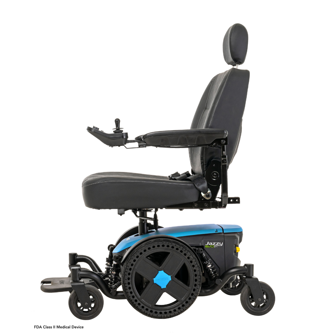 A blue and black Pride Mobility Jazzy® EVO 614 HD Bariatric Powerchair with ATX Suspension, padded seat, headrest, armrests, right-arm joystick controller, footrest, large rear wheels, and small front wheels.