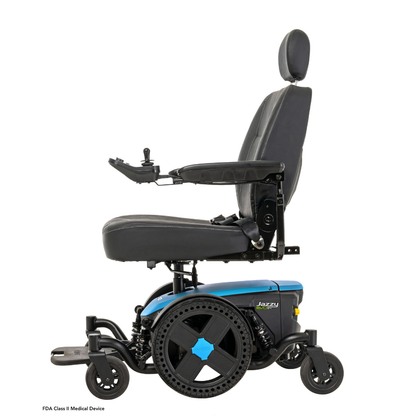 A blue and black Pride Mobility Jazzy® EVO 614 HD Bariatric Powerchair with ATX Suspension, padded seat, headrest, armrests, right-arm joystick controller, footrest, large rear wheels, and small front wheels.