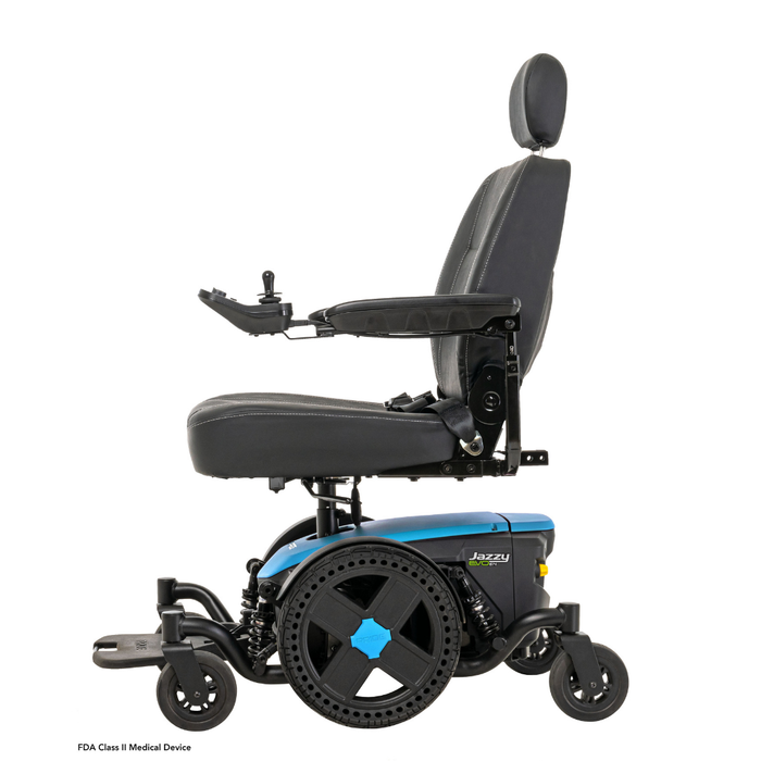A blue and black Pride Mobility Jazzy® EVO 614 HD Bariatric Powerchair with ATX Suspension, padded seat, headrest, armrests, right-arm joystick controller, footrest, large rear wheels, and small front wheels.