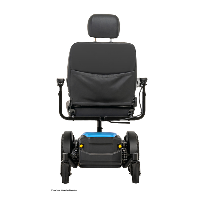 The Pride Mobility Jazzy® EVO 614 HD Bariatric Powerchair with ATX Suspension is shown from the back, highlighting its cushioned seat, headrest, armrests, large rear wheels, and blue-black heavy-duty base. FDA Class II Medical Device text appears below.