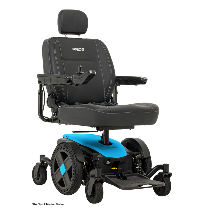 The Pride Mobility Jazzy® EVO 614 HD Bariatric Powerchair with ATX Suspension is a heavy-duty black and blue wheelchair with padded seat, armrests, headrest, footrest, large rear wheels, small front wheels, and right-side joystick.