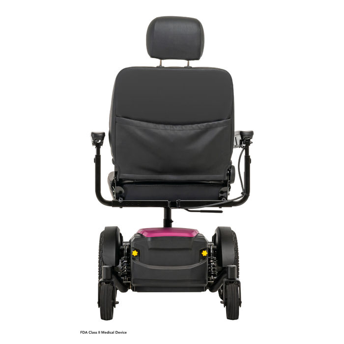 Rear view of a black Pride Mobility Jazzy® EVO 614 HD Bariatric Powerchair with ATX Suspension, featuring padded headrest, armrests, large wheels, and a compact design with a small pink accent near the base.