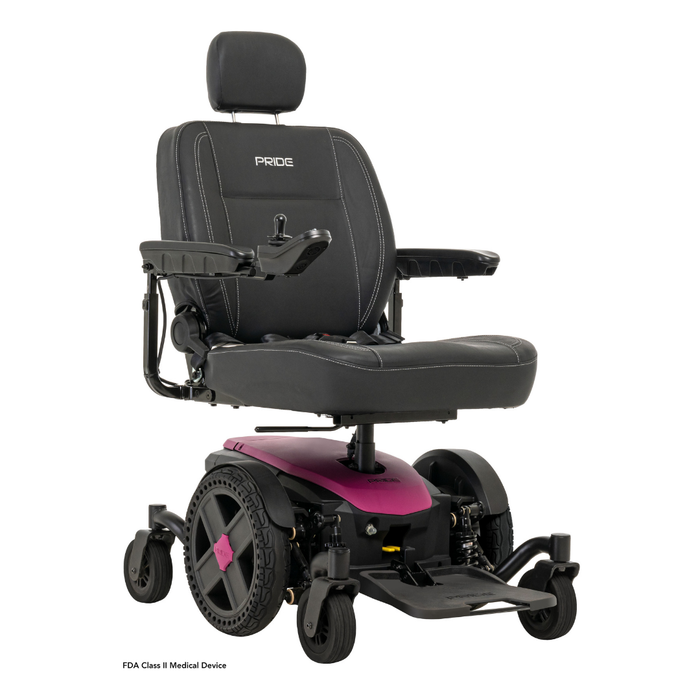 The Pride Mobility Jazzy® EVO 614 HD Bariatric Powerchair with ATX Suspension is a black and purple heavy-duty wheelchair featuring a padded seat, armrests, headrest, and right-arm joystick, shown on a white background.