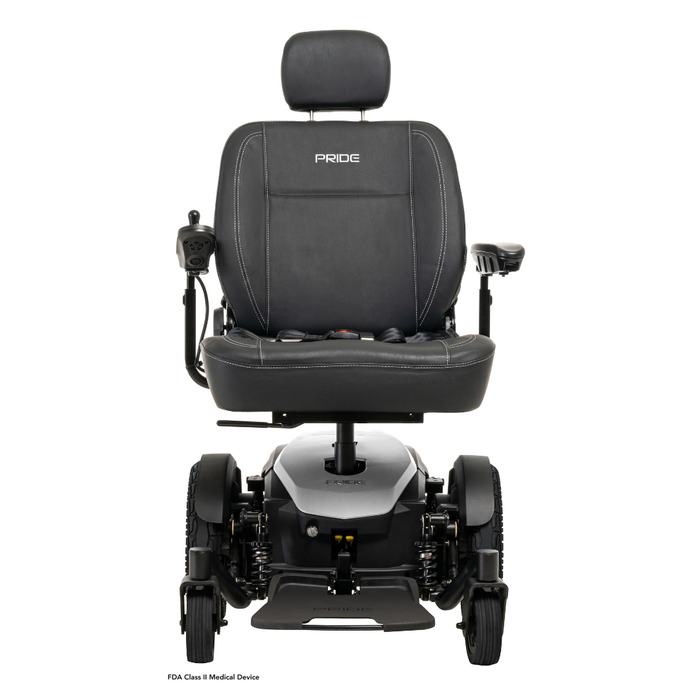 The Pride Mobility Jazzy® EVO 614 HD Bariatric Powerchair with ATX Suspension features a padded seat, headrest, armrests, and left-side joystick control for heavy-duty mobility. Shown from the front against a white background.