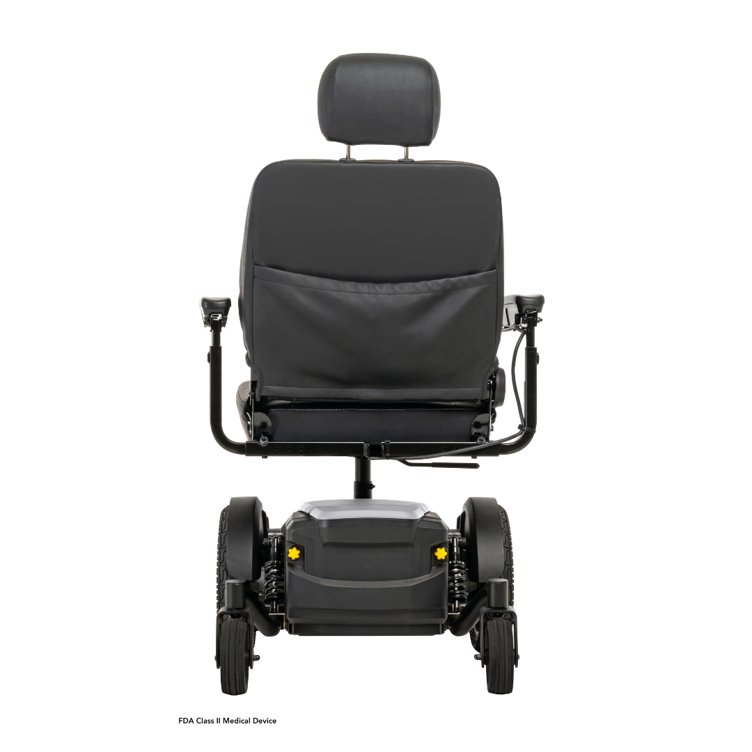 A black Pride Mobility Jazzy® EVO 614 HD Bariatric Powerchair with ATX Suspension is shown from the back, featuring a padded seat, adjustable armrests and headrest, plus sturdy rear wheels against a white background.