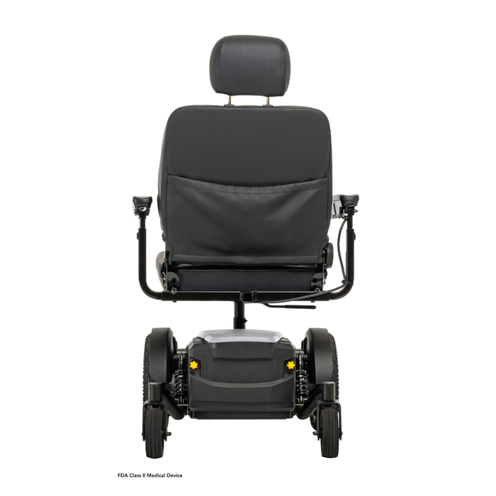 A black Pride Mobility Jazzy® EVO 614 HD Bariatric Powerchair with ATX Suspension is shown from the back, featuring a padded seat, adjustable armrests and headrest, plus sturdy rear wheels against a white background.