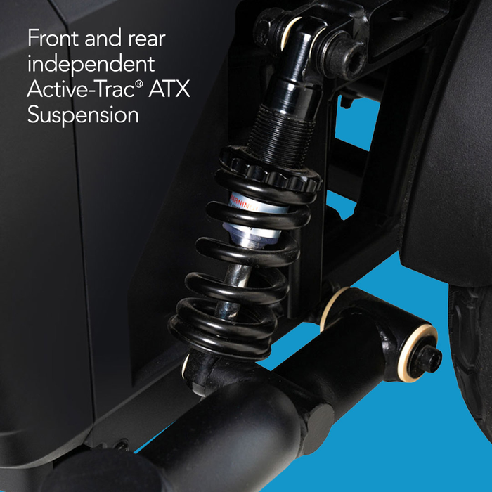 Close-up of the Pride Mobility Jazzy® EVO 614 HD Bariatric Powerchair with ATX Suspension, showing its heavy-duty mobility and front and rear independent ATX Suspension, set against a blue and black background.