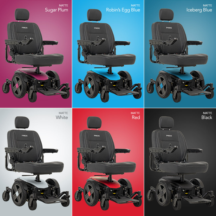 Six Pride Mobility Jazzy® EVO 614 HD Bariatric Powerchairs with ATX Suspension in matte black are displayed on vibrant backgrounds: Sugar Plum, Robin’s Egg Blue, Iceberg Blue, white, red, and black—ideal for heavy-duty mobility needs.