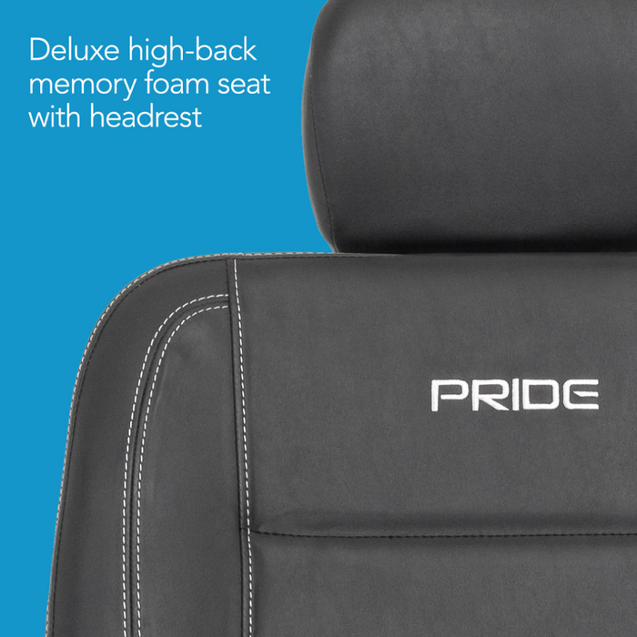 Close-up of a black deluxe high-back memory foam seat with white stitching and PRIDE embroidered on the backrest, featured on the Pride Mobility Jazzy® EVO 614 HD Bariatric Powerchair with ATX Suspension. Text: Deluxe high-back memory foam seat with headrest.