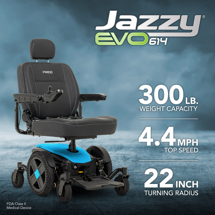 A Pride Mobility Jazzy® EVO 614 HD Bariatric Powerchair with ATX Suspension is shown, featuring heavy-duty mobility, 300 lb. capacity, 4.4 mph top speed, 22-inch turning radius, and FDA Class II Medical Device indicated below.