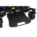 Close-up of a black footrest embossed with PRIDE, attached to the front of a Pride Mobility Jazzy® EVO 614 HD Bariatric Powerchair with ATX Suspension, featuring two small black wheels on each side.