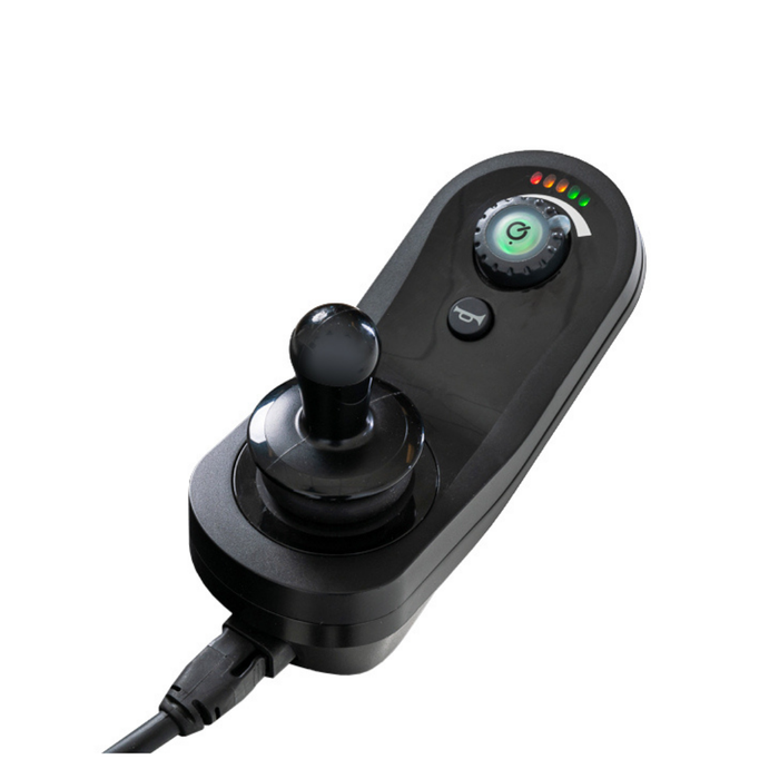 A black joystick controller for the Pride Mobility Jazzy® EVO 614 HD Bariatric Powerchair with ATX Suspension features a round stick, power button knob, extra button, LED lights, and cable, shown on a white background.