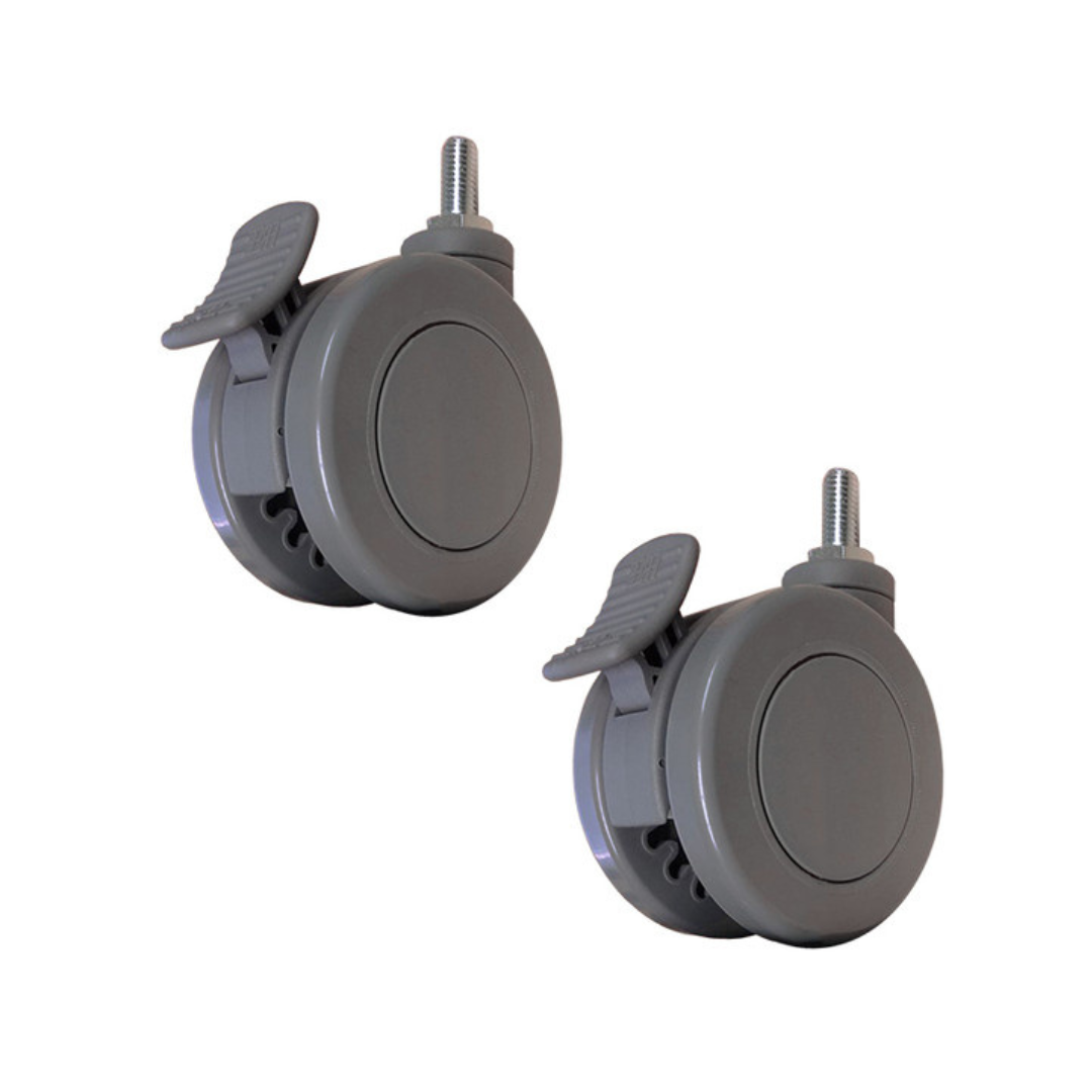 Two gray Joerns Swivel Casters for Patient Lifts with threaded stems and foot-activated brakes, ideal as Hoyer patient lift replacement parts, shown against a white background.