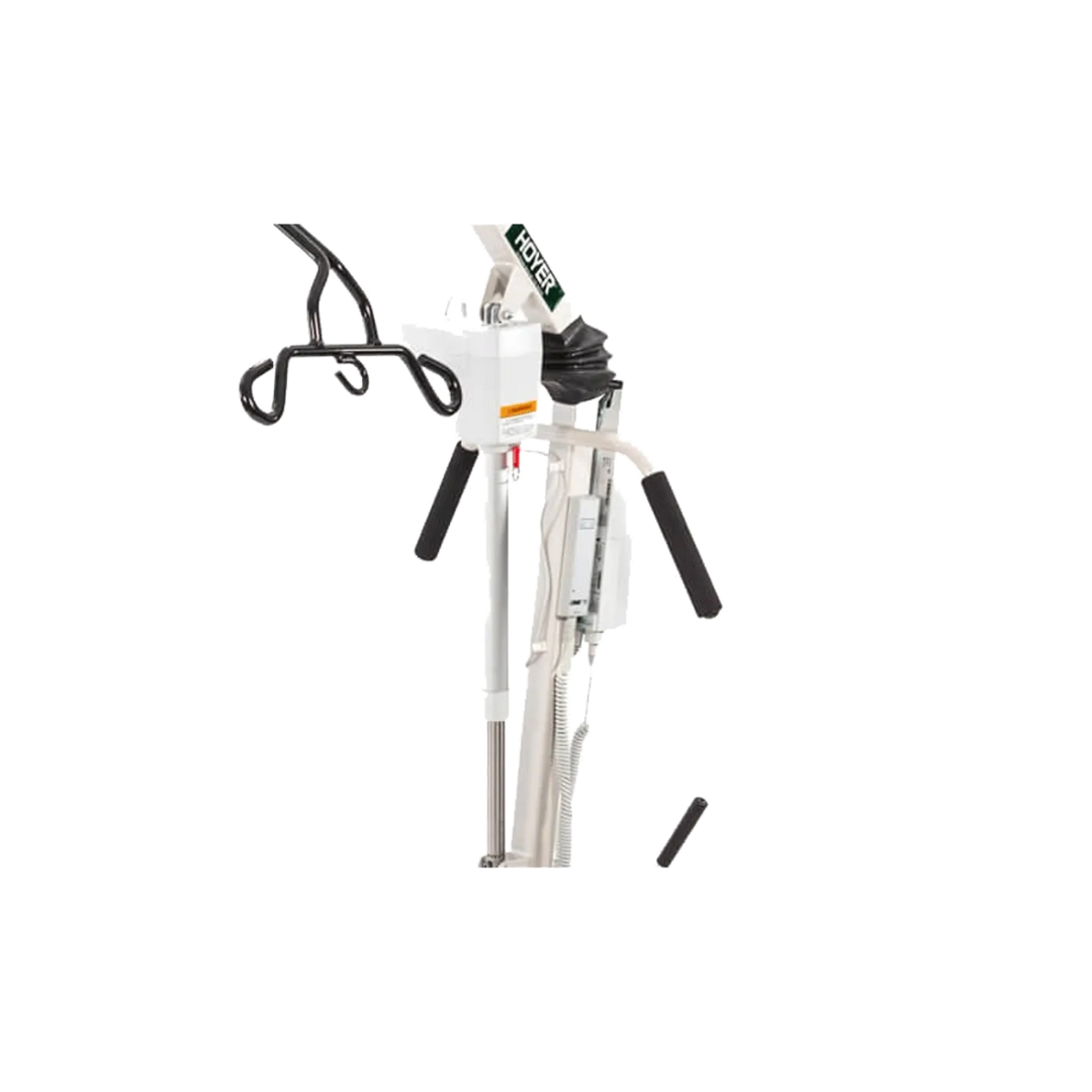 A close-up of a Hoyer Classic Hydraulic Lift with padded handles, control box, and black sling hanger on a white background—perfect for use with the Joerns Electronic Conversion Kit for Manual Hoyer Patient Lifts.