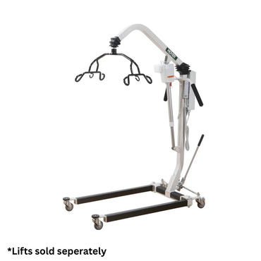 A white and black Hoyer Classic Hydraulic Lift with wheels and adjustable arm for transfers. Upgrade to powered use with the Joerns Electronic Conversion Kit For Manual Hoyer Patient Lifts. *Lifts sold separately.