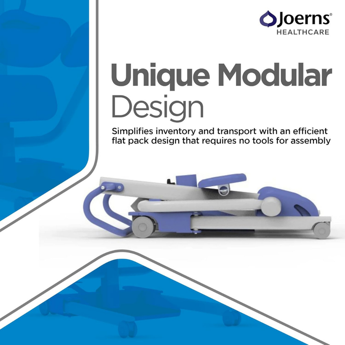 The Joerns Hoyer UP Sit-to-Stand Compact Manual Patient Lift is shown in blue and gray with a flat, foldable modular design. Text reads: Unique Modular Design—improves caregiver efficiency and simplifies inventory; no tools required.