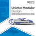 The Joerns Hoyer UP Sit-to-Stand Compact Manual Patient Lift is shown in blue and gray with a flat, foldable modular design. Text reads: Unique Modular Design—improves caregiver efficiency and simplifies inventory; no tools required.