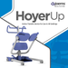 A blue and gray Joerns Hoyer UP Sit-to-Stand Compact Manual Patient Lift is shown on a white and blue background, featuring an adjustable sling attachment, with the product name and description displayed above.