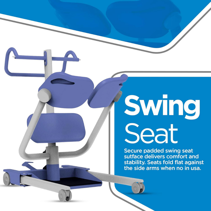 A Joerns Hoyer UP Sit-to-Stand Compact Manual Patient Lift is shown beside bold text reading its name, highlighting its padded seat, foldable arms, adjustable cradle, smooth wheels, and efficiency for both comfort and caregiver support.