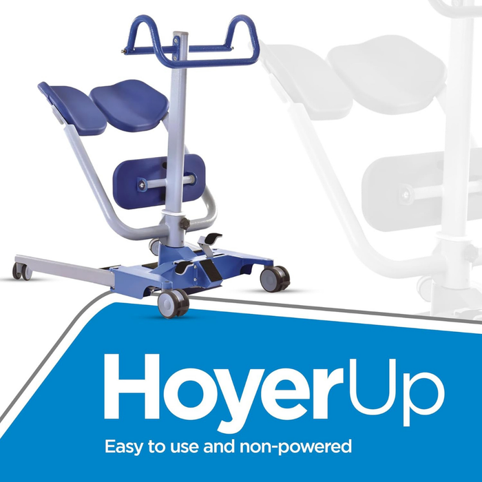 A blue and silver Joerns Hoyer UP Sit-to-Stand Compact Manual Patient Lift with padded supports, wheels, and an adjustable sling cradle is shown. Text: Hoyer UP. Easy to use manual lift designed for caregiver efficiency.