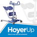 A blue and silver Joerns Hoyer UP Sit-to-Stand Compact Manual Patient Lift with padded supports, wheels, and an adjustable sling cradle is shown. Text: Hoyer UP. Easy to use manual lift designed for caregiver efficiency.