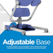 A close-up of the Joerns Hoyer UP Sit-to-Stand Compact Manual Patient Lift highlights its blue adjustable base with wheels and a sturdy mechanical foot pedal for open/close functions, offering patient care accessibility like a folding stand aid.