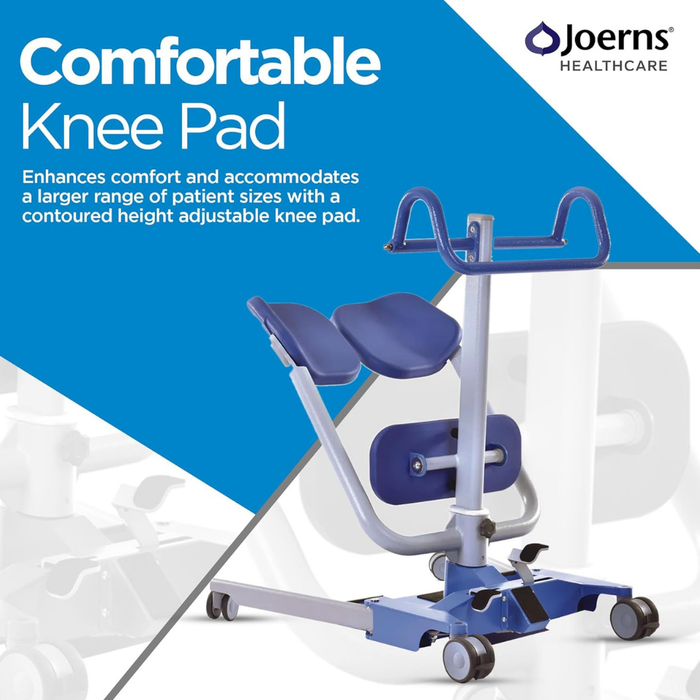 A blue and silver Joerns Hoyer UP Sit-to-Stand Compact Manual Patient Lift with wheeled knee pad, adjustable padded supports, and sling attachment compatibility is shown next to the text Comfortable Knee Pad from Joerns Healthcare.