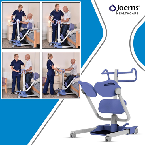 Four images show a nurse helping a man with the Joerns Hoyer UP Sit-to-Stand Compact Manual Patient Lift, which has a blue and gray frame and adjustable sling cradle. The portable lift boosts caregiver efficiency. Joerns Healthcare logo appears at top right.