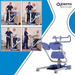 Four images show a nurse helping a man with the Joerns Hoyer UP Sit-to-Stand Compact Manual Patient Lift, which has a blue and gray frame and adjustable sling cradle. The portable lift boosts caregiver efficiency. Joerns Healthcare logo appears at top right.