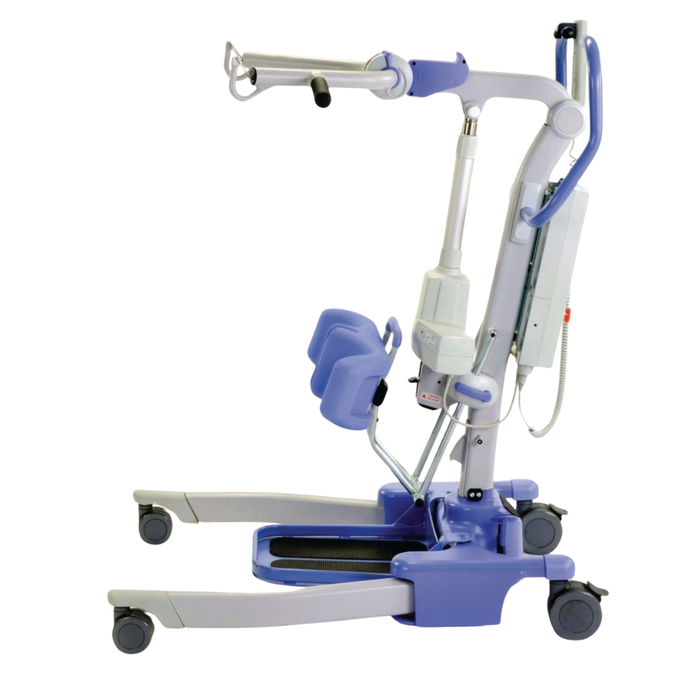 The Joerns Hoyer Journey® Sit-To-Stand Folding Electric Patient Lift is a portable stand aid with wheels, arm supports, padded knee rests, adjustable sling attachment, and comes in white and blue for efficient assisted transfers.
