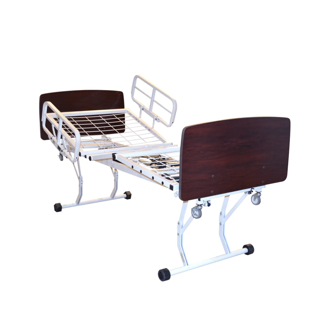 The Joerns WeCare® Full-Electric Hi/Low Bariatric Homecare Bed features a white metal frame, adjustable sections, side rails, and wood head/footboards on wheels—designed as an ultra-low bed for enhanced fall prevention.